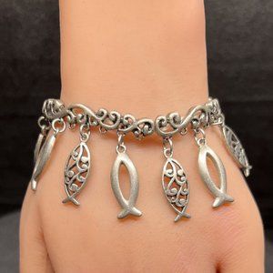 Elastic Stretch Hanging Silver Fish Charm Bracelet Women